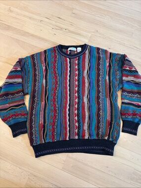 Vintage 90s Coogi Style Crew Neck Sweater Cable Ribbed Knit Colorful Dad SZ L
